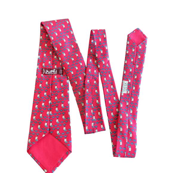 Hermes Men's Classic Tie Nautical Sailboats Red Satin 100% Silk 7130 FA Red Blue - Picture 3 of 8